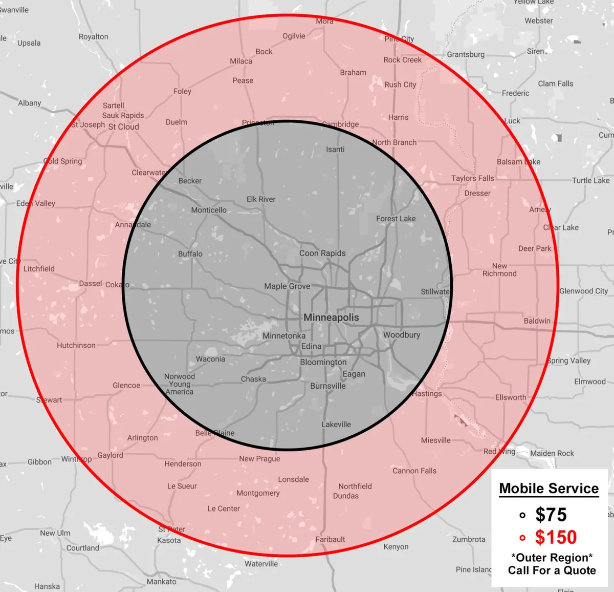 Smart Start MN Mobile Service Coverage Map — $75 inner region, $150 outer region